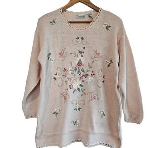 Vintage 90s Sweater Womens Medium Pink Embroidered Beaded Crochet Floral Flowers